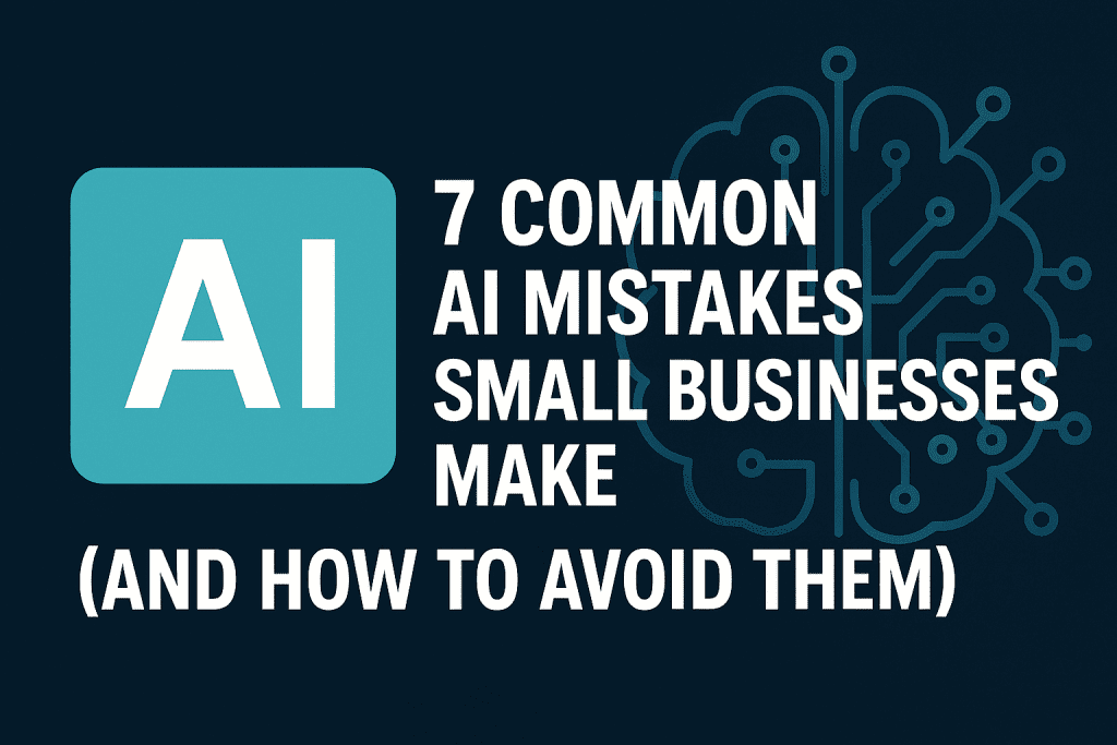 Illustration of a small business owner surrounded by AI tools, data charts, and automation icons, representing the challenges and opportunities of using artificial intelligence in small businesses.